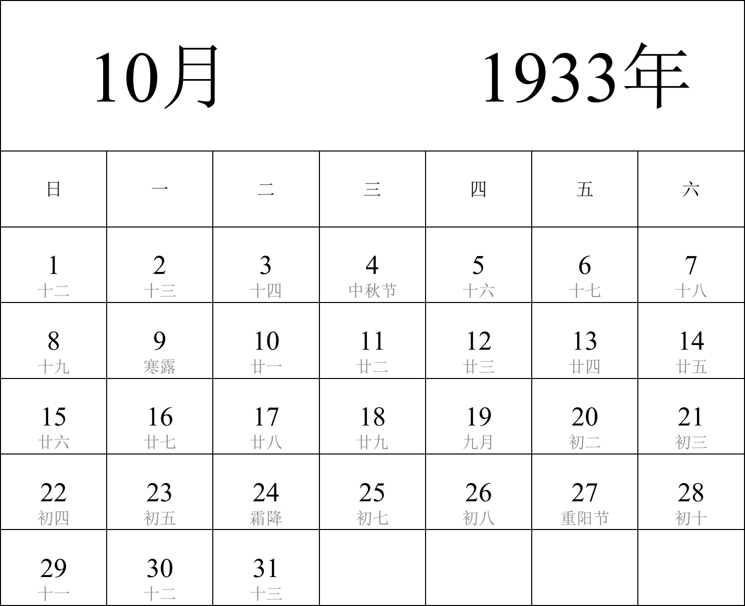 日历表1933年日历 中文版 纵向排版 周日开始 带农历